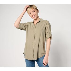 Side Stitch Women's Top Sz M Button-Down Roll-Tab Tunic Green A640073